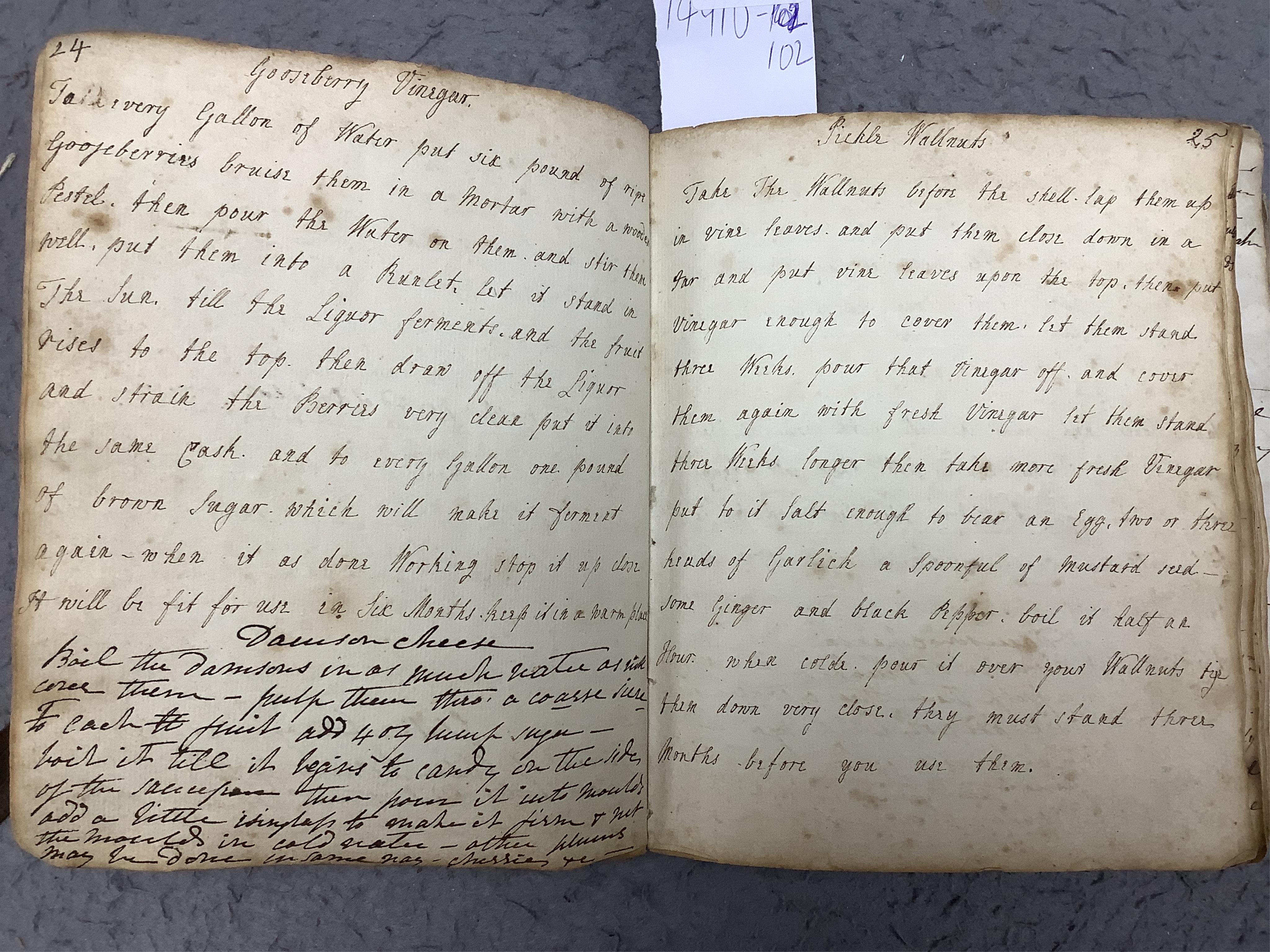 An 18th century hand inscribed book of recipes for M. Tennant. Condition - fair